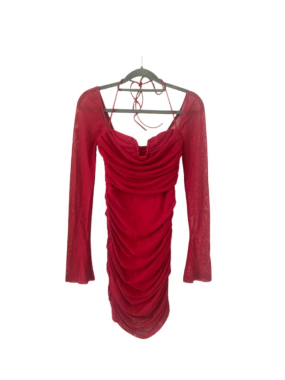 Hello Molly EUC size S red long sheer sleeve ruched mini dress with neck tie